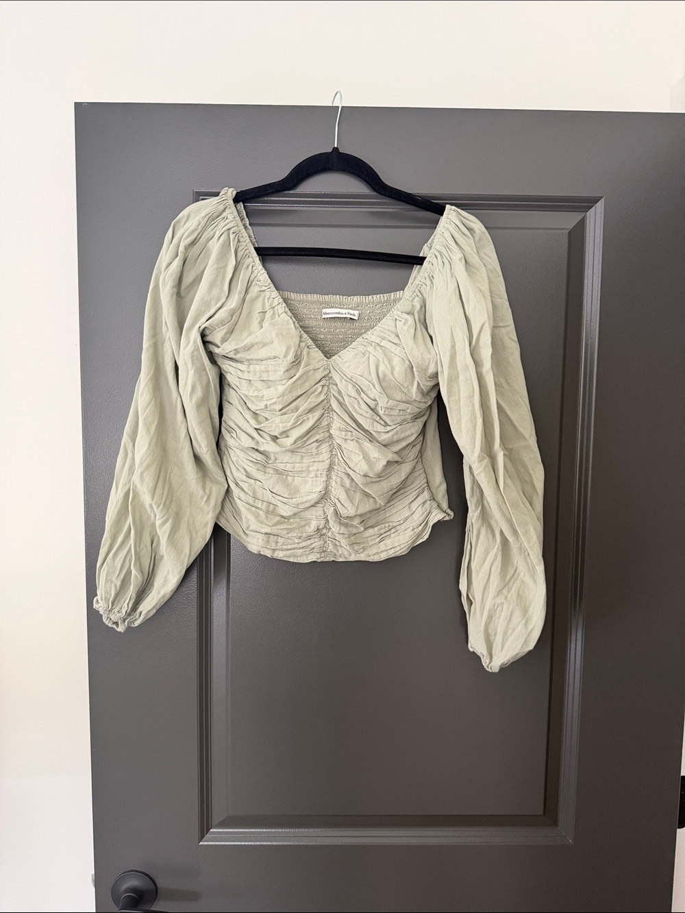 Abercrombie & Fitch Sage Green Ruched V-Neck Peasant Top